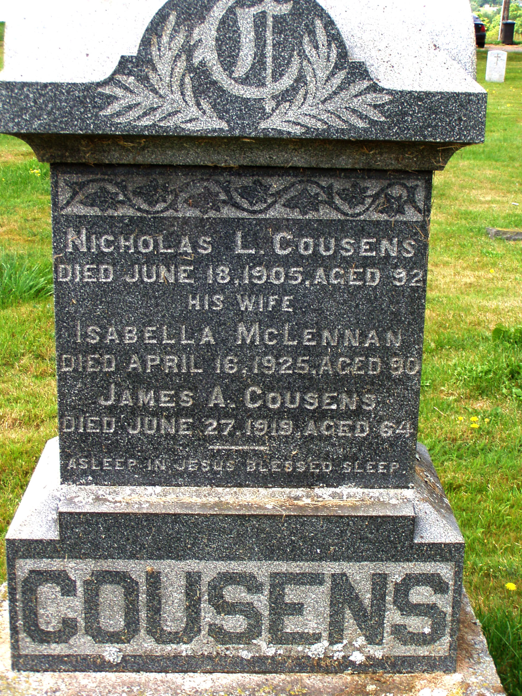 Photo of headstones/Isabella McLennan d1925 hdstn Pownal Meth chyd PEI